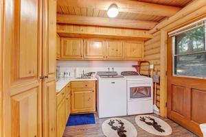 a kitchen with a stove and a sink in a cabin at Deer Lane Lodge in Idyllwild