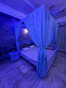 a bedroom with a bed with a blue curtain at H&R Homestay in Guwahati