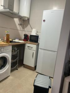 a kitchen with a white refrigerator and a washing machine at APARTAMENTO PALOMAREs in Zújar