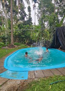two children swimming in a pool with a fountain at Johny's Villa, Homestay, Wayanad in Pulpally