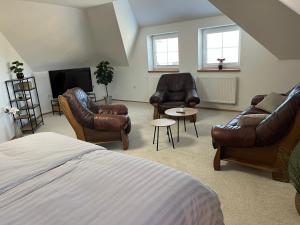 a bedroom with leather furniture and a bed and a tv at Vila SoHo in Vysoké Mýto