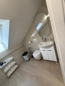 a bathroom with a sink and a mirror and a toilet at Apartments Puntamika in Zadar +116 photos