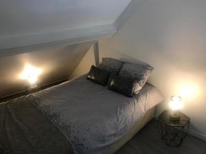 a bedroom with a bed with two lamps on it at jolie studio 25 in Arras