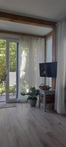 ein Wohnzimmer mit einer Glasschiebetür und einem Fernseher in der Unterkunft Middenpaed in Balk