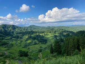 a view of a valley with trees and green fields at 天水島ヒルズ in Tokamachi