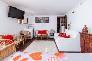 a living room with white furniture and a flat screen tv at Farm ,zidanica ,JOLI in Gorica pri Slivnici