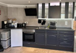 a kitchen with a stove and a white refrigerator at Am kleinen Storchennest in Ummendorf +11 photos