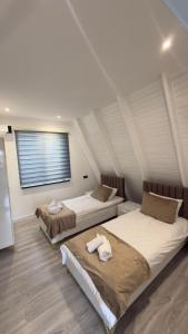 two beds in a room with a window at Gabala A frame Guest villa in Gabala +13 photos