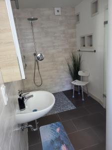 a bathroom with a sink and a shower at Ferienwohnung Kiefernwald in Mechernich +22 photos