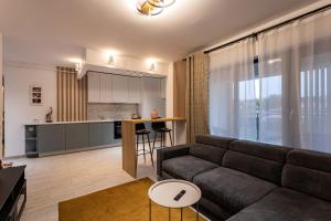 a living room with a couch and a kitchen at Modern 2BR Balcony View Pipera in Voluntari