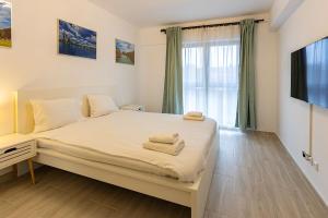 a bedroom with a large bed and a large window at Modern 2BR Balcony View Pipera in Voluntari