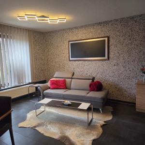 a living room with a couch and a flat screen tv at Landhaus Hof-Schlenstedt in Stadtallendorf