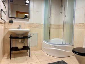 a bathroom with a sink and a shower at Zema11 Old Town Space in Vilnius +29 photos