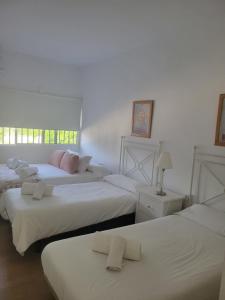 three beds in a room with white walls and windows at Casa Rural El Pinar de Jesus in Arcos de la Frontera +15 photos
