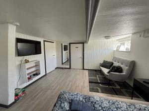 a living room with a couch and a tv at H. C. Lumbyes Vej - kælderlejlighed in Odense