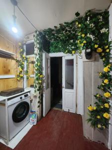 a kitchen with a washing machine with flowers on the ceiling at Live as you are LOCAL in Tbilisi City