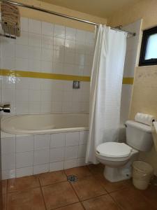 a bathroom with a toilet and a tub and a sink at Turinjandi in Zirahuén