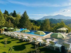 a swimming pool with lawn chairs and umbrellas at Cabana Doinița in Borşa