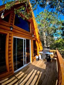 a log cabin with a large sliding glass door at Glamping MORET Cabaña Alpina M2 in Los Lirios +27 photos