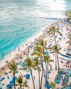 a group of people on a beach with palm trees at OUTRIGGER Waikiki Beach Resort in Honolulu