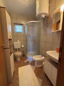 a bathroom with a shower and a toilet and a sink at Apartments New Charming in Senj +119 photos
