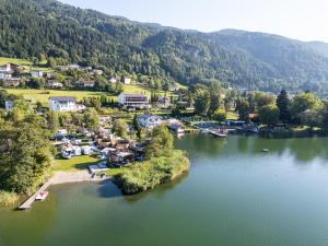 Luftaufnahme einer kleinen Insel in einem See in der Unterkunft Seehotel Hoffmann in Steindorf am Ossiacher See