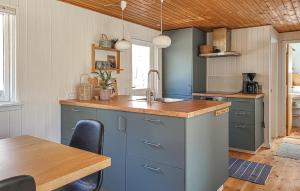 a kitchen with blue cabinets and a wooden table at Gorgeous Home In Læsø With Wifi in Læsø