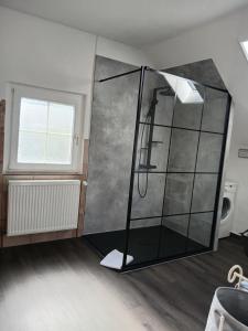 a bathroom with a shower with a glass wall at Ferienwohnung Axcher Hof in Weitersborn