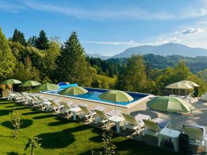 a swimming pool with lawn chairs and umbrellas at Doinita House in Borşa