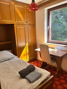 a bedroom with a bed and a desk and a window at Mountainview Flattnitz in Flattnitz