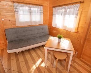 a living room with a couch and a table at Domki Maks in Bobolin