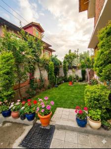 a garden with pots of flowers in a yard at Water Vibe Homestay Srinagar in Srinagar