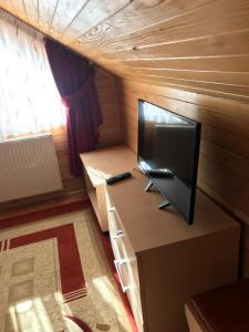 a tv sitting on a desk in a tiny house at Pensiunea Alexa in Durău
