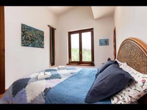 1 dormitorio con 1 cama con manta azul y ventana en B&B da Odila, en Poggio Nativo