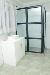 a bathroom with a sink and a glass door at On Edward in Bulawayo +46 photos