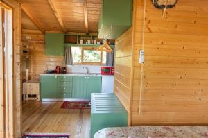 a small kitchen with green cabinets and a sink at the Treehouse Project in Patra