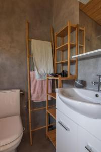 a bathroom with a sink and a toilet and a shelf at the Treehouse Project in Patra