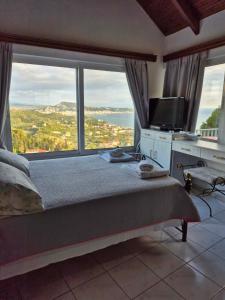 a bedroom with a bed and a desk with a window at Baso Hilltop Apartments in Argassi