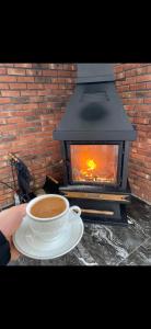 Eine Tasse Kaffee auf einem Teller neben einem Kamin in der Unterkunft Apera garden in Bulgurca