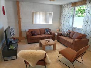 a living room with couches and a coffee table at Bargerveenhuis in Weiteveen
