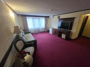 a hotel room with a couch and a flat screen tv at Hotel Trei Brazi in Băile Olăneşti