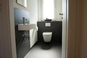 a bathroom with a toilet and a sink and a window at Ferienwohnung Lindelskopf in Ludwigswinkel
