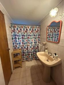 a bathroom with a sink and a shower curtain at Rayen Mahuida - Las Trancas in Las Trancas +26 photos