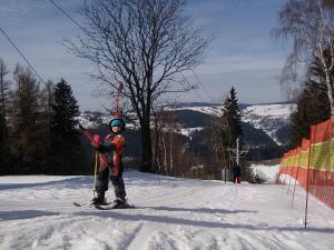 a person is standing on skis in the snow at Apartmány Kuřátko in Benecko