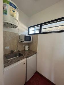a small kitchen with a sink and a microwave at Las Artes Lodge in Mina Clavero