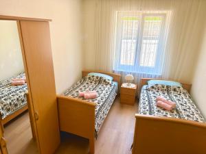 a bedroom with two beds and a mirror at BELVEDERE - Lakeview Apartment 10 min from Lugano in Porza