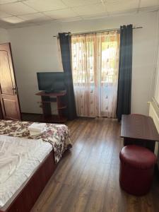 a bedroom with a bed and a table and a television at Hostel Elite in Băile Herculane