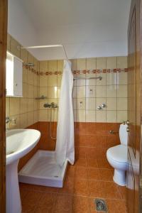 a bathroom with a shower and a sink and a toilet at Sifakis House in Parga +46 photos