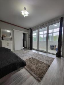 a bedroom with a bed and a large window at Vila Riverside Nikolaj in Niš