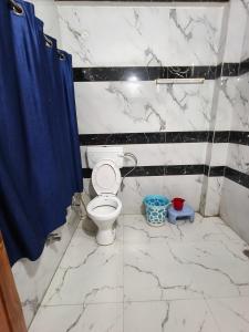 a bathroom with a toilet and a blue shower curtain at Chander Guest House in Kasol +10 photos